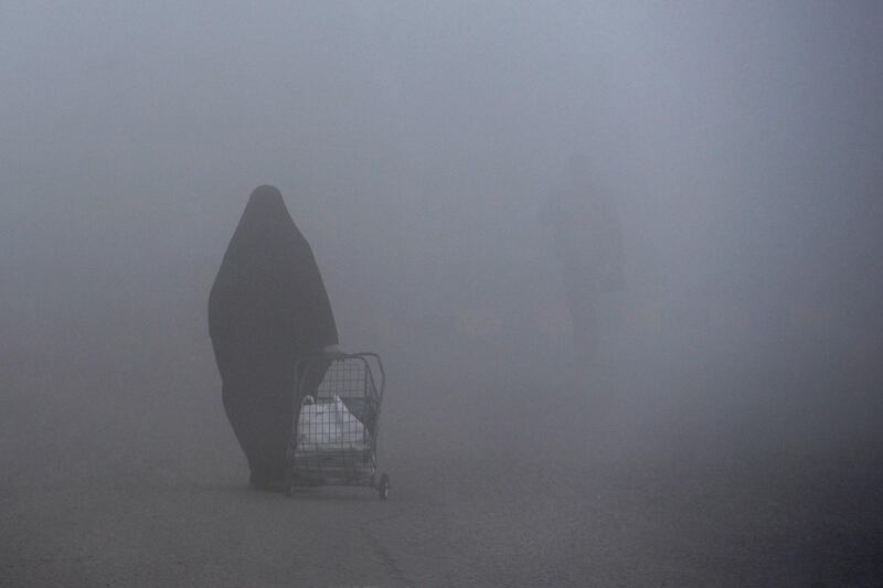 An Iraqi woman pulls a shopping trolley during heavy fog in the holy city of Najaf. AFP