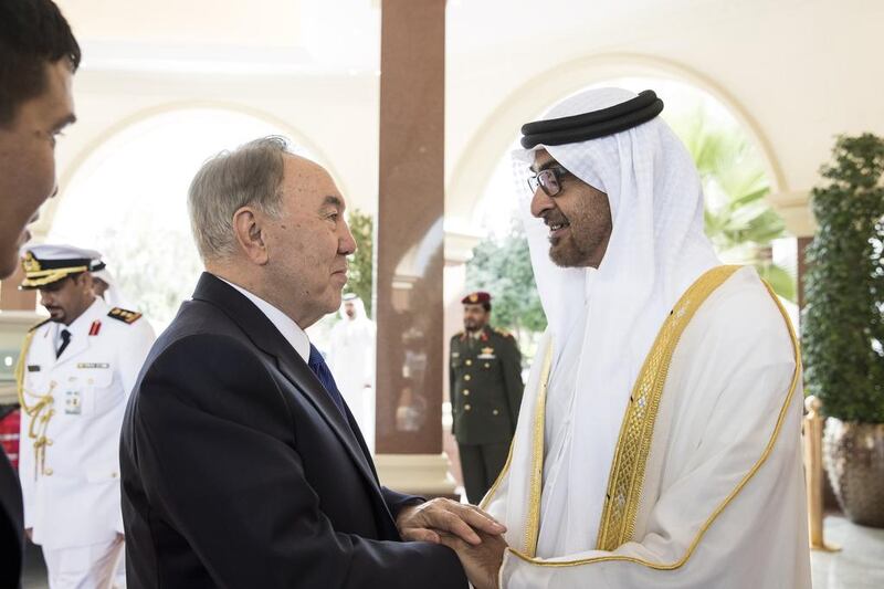 Sheikh Mohammed bin Zayed, Crown Prince of Abu Dhabi and Deputy Supreme Commander of the Armed Forces, on Sunday received Nursultan Nazarbayev, the president of Kazakhstan, at Al Mushrif Palace in the capital.  Ryan Carter / Crown Prince’s Court – Abu Dhabi