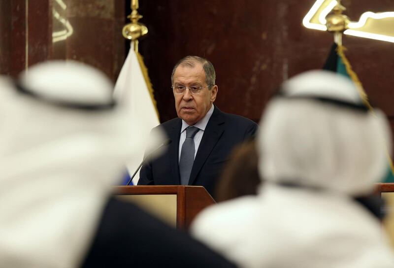 Russian Foreign Minister Sergey Lavrov takes part in a press conference with his Kuwaiti counterpart on March 6, 2019 in Kuwait City.  / AFP / Yasser Al-Zayyat

