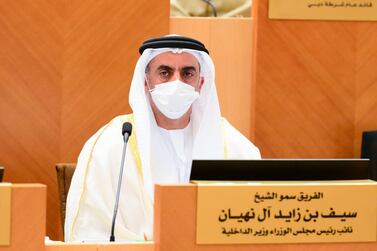 Sheikh Saif bin Zayed said serious crimes, house fires, road accidents and the overall prison population all fell during 2020. Courtesy: Federal National Council / Wam