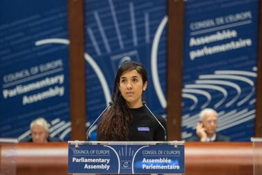 Former ISIS prisoner Nadia Murad delivers her speech after winning the Vaclav Havel Human Rights Prize in the Council of Europe in Strasbourg, France, 10 October 2016 (EPA/PATRICK SEEGER