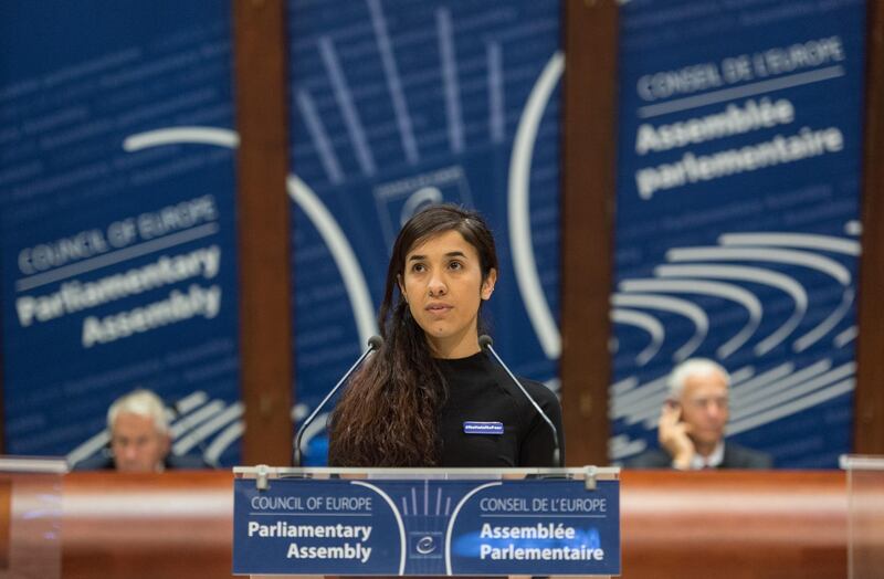 epa07071261 (FILE) - The former IS prisoner Nadia Murad delivers her speech after winning the Vaclav Havel Human Rights Prize in the Council of Europe in Strasbourg, France, 10 October 2016 (reissued 05 October 2018). Congolese gynecologist Denis Mukwege and Yazidi Kurdish human rights activist from Iraq Nadia Murad have won the 2018 Nobel Peace Prize, the Norwegian Nobel Committee based in Oslo, Norway, announced on 05 October 2018.  EPA/PATRICK SEEGER