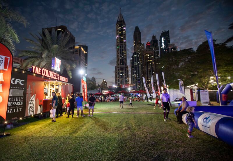 The Dubai Media City fan zone on Sunday night as fans waited for the big kick-off. Ruel Pableo for The National