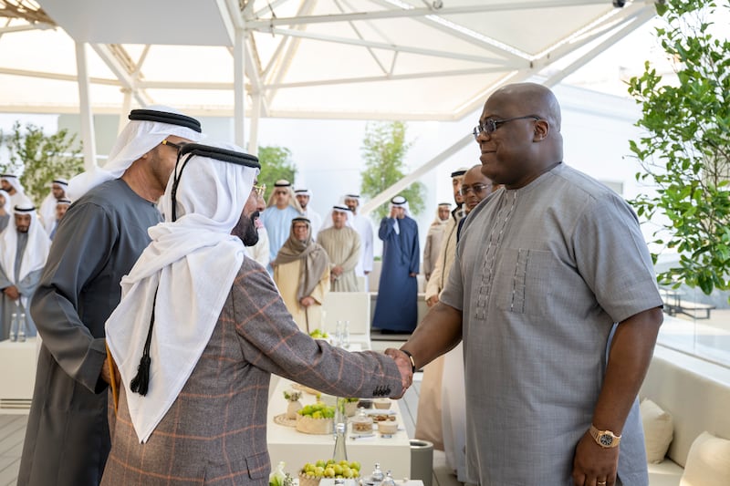 President Sheikh Mohamed and Sheikh Tahnoun bin Mohammed, Ruler’s Representative in Al Ain Region, greet Mr Tshisekedi