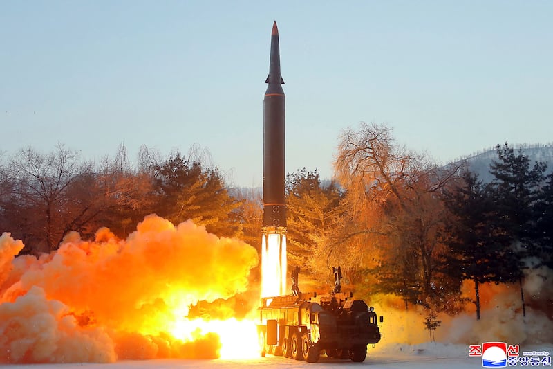 This photo from the North Korean government shows what it says a test launch of a hypersonic missile in North Korea. AP Photo