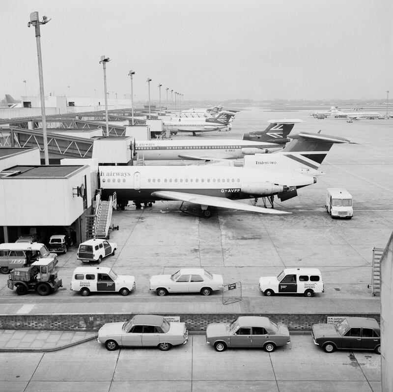 A Hawker Siddeley HS 121 Trident 2E registration G-AVFF and a Trident  3B registration G-AWZJ medium-range commercial  jet airliners for British European Airways  (BEA) lined up at their passenger terminal gates at London Heathrow airport on 1st May 1975 in London, United Kingdom.  (Photo by Fox Photos/Hulton Archive/Getty Images).
