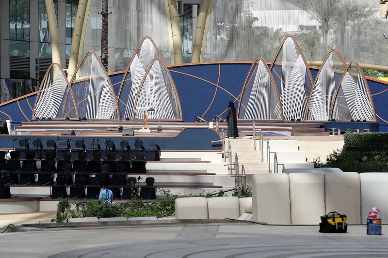 Preparations going on for the closing ceremony at Al Wasl Plaza. Pawan Singh / The National
