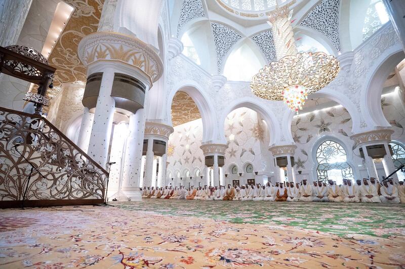 ABU DHABI, UNITED ARAB EMIRATES - June 15, 2018: HH Sheikh Mohamed bin Zayed Al Nahyan Crown Prince of Abu Dhabi Deputy Supreme Commander of the UAE Armed Forces, Sheikhs and dignitaries, attend Eid Al Fitr prayers at the Sheikh Zayed Grand Mosque. 

( Hamad Al Kaabi / Crown Prince Court - Abu Dhabi )
---