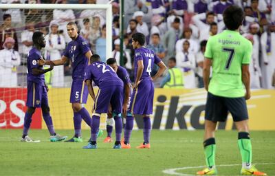 AL AIN , UNITED ARAB EMIRATES – Nov 26 , 2016 : Dejected players of Al Ain after Jeonbuk Hyundai Motors ( KOR ) beat Al Ain in the AFC Champions League 2016 at the Hazza Bin Zayed Stadium in Al Ain. ( Pawan Singh / The National ) For Sports. Story by John McAuley. ID No - 37503 *** Local Caption ***  PS2611- AFC FOOTBALL11.jpg