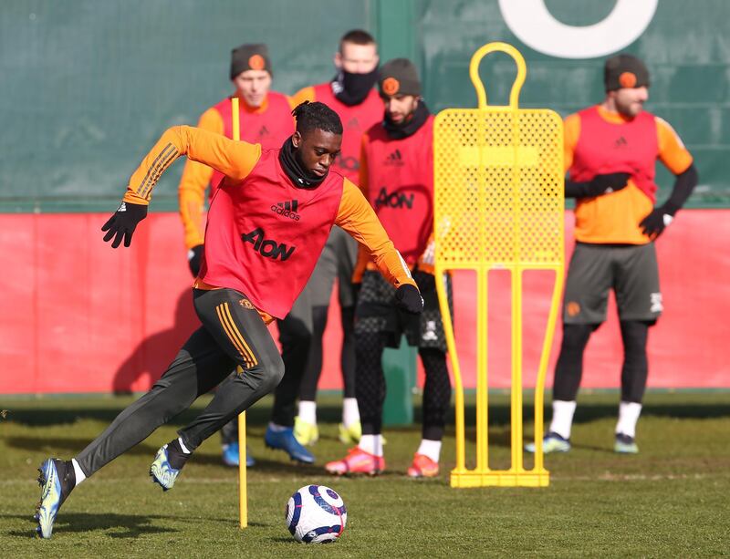MANCHESTER, ENGLAND - MARCH 02: (EXCLUSIVE COVERAGE)  Aaron Wan-Bissaka of Manchester United in action during a first team training session at Aon Training Complex on March 02, 2021 in Manchester, England. (Photo by Matthew Peters/Manchester United via Getty Images)