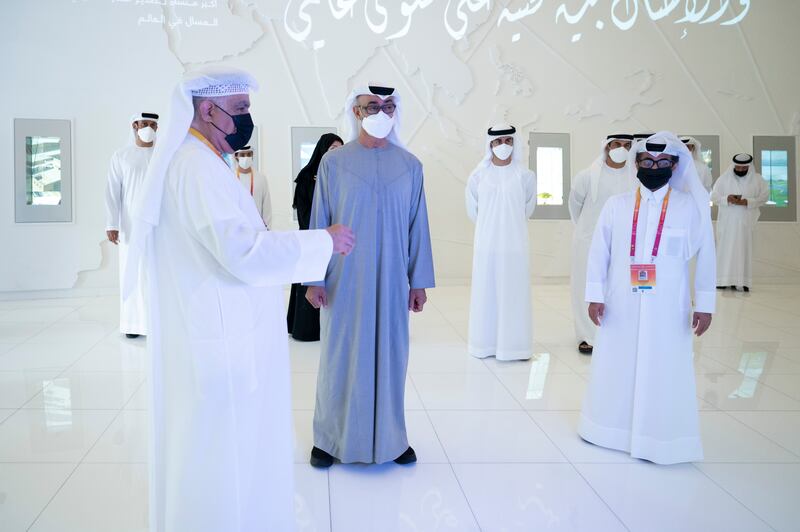 Sheikh Mohamed bin Zayed visits the Qatar pavilion.
