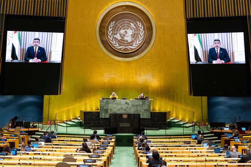 This UN handout photo shows Sheikh Abdullah Bin Zayed Al Nahyan (on screens), Minister for Foreign Affairs and International Cooperation of the United Arab Emirates, as he virtually addresses the general debate of the 75th session of the United Nations General Assembly, on September 29, 2020, in New York. (Photo by Rick BAJORNAS / UNITED NATIONS / AFP) / RESTRICTED TO EDITORIAL USE - MANDATORY CREDIT "AFP PHOTO / UNITED NATIONS /RICK BAJORNAS/HANDOUT" - NO MARKETING - NO ADVERTISING CAMPAIGNS - DISTRIBUTED AS A SERVICE TO CLIENTS