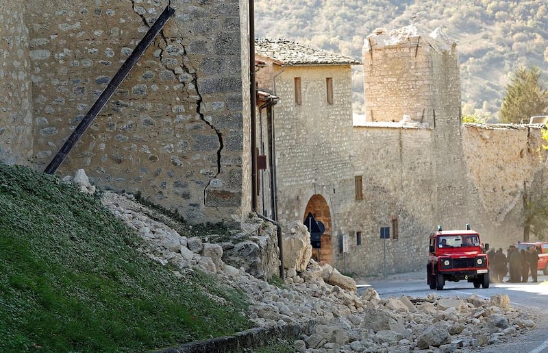 A partially collapsed wall is seen following an earthquake in Norcia, Italy, October 30, 2016. Remo Casilli / Reuters
