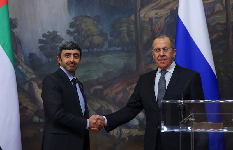 UAE Foreign Minister Sheikh Abdullah bin Zayed shakes hands with Russia's Foreign Minister Sergey Lavrov during a news conference following their talks in Moscow. Reuters