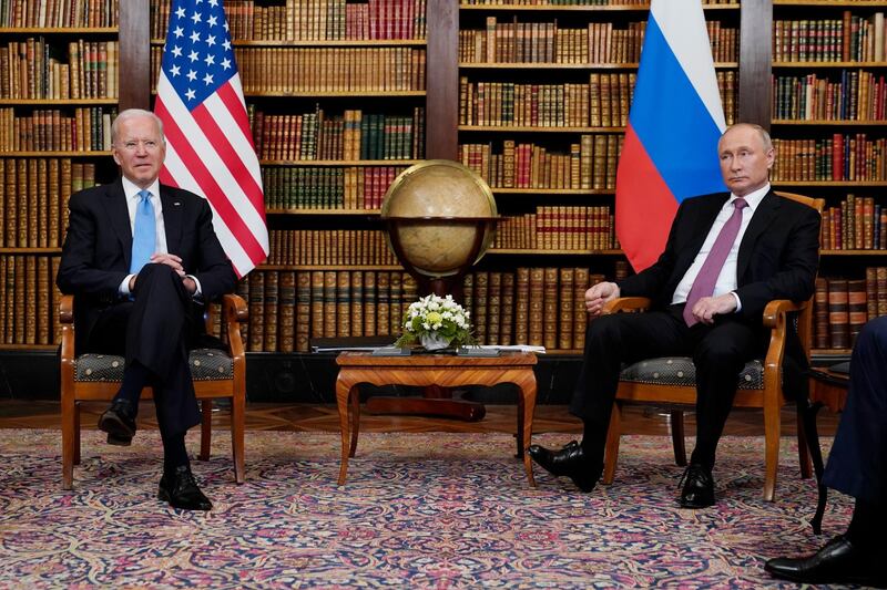 FILE - In this June 16, 2021, file photo President Joe Biden meets with Russian President Vladimir Putin in Geneva, Switzerland. (AP Photo/Patrick Semansky, File)