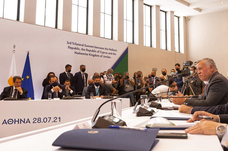 A view of the proceedings of the 3rd Trilateral Summit between Greece, Cyprus, and Jordan, in Athens with the delegations of Jordan’s King Abdullah II (foreground) and Cypriot President Nicos Anastasiades (background).