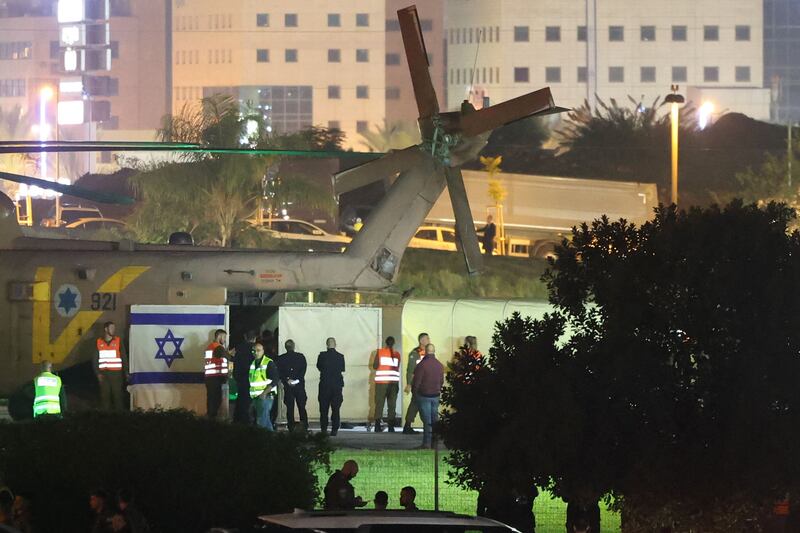 An Israeli helicopter with released hostages lands at the medical centre in Tel Aviv. AFP
