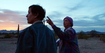 Frances McDormand, left, and Swankie appear in a scene from "Nomadland." (Searchlight Pictures via AP)
