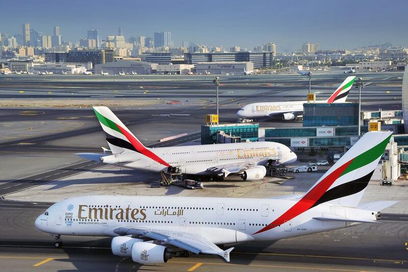 Emirates aircraft sit on the tarmac of Dubai International Airport. DXB reported record passenger traffic for January. Courtesy : Emirates