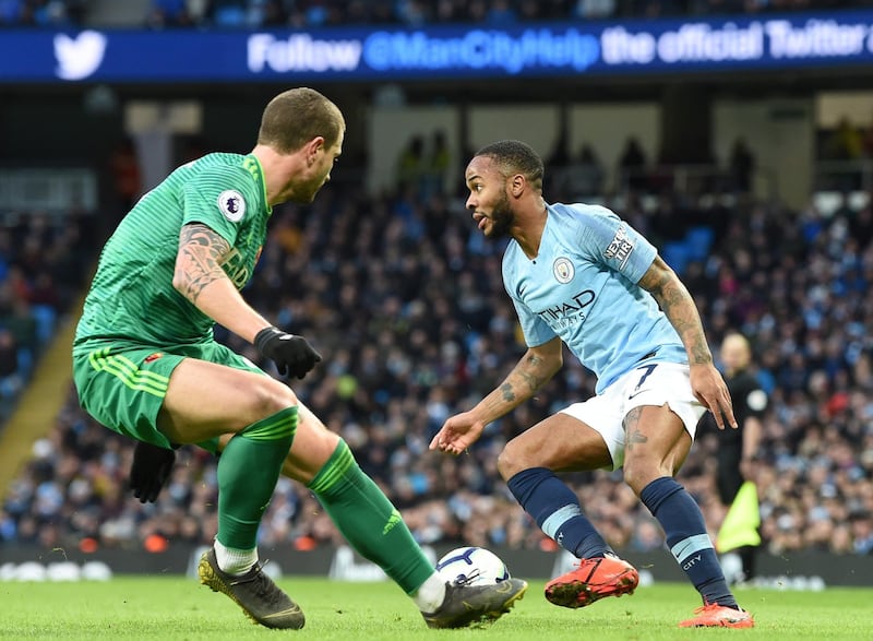 epa07425512 Raheem Sterling (R) of Manchester City with Daryl Janmatt  of Watford FC in action during the English Premier League soccer match between Manchester City and Watford at the Etihad Stadium in Manchester, Britain, 09 March 2019.  EPA/Phillip Richards EDITORIAL USE ONLY. No use with unauthorized audio, video, data, fixture lists, club/league logos or 'live' services. Online in-match use limited to 120 images, no video emulation. No use in betting, games or single club/league/player publications