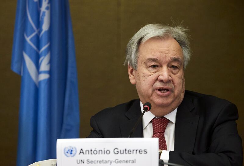 U.N. Secretary-General Antonio Guterres attends a news conference after a 5+1 Meeting on Cyprus at the United Nations in Geneva, Switzerland April 29, 2021. REUTERS/Denis Balibouse