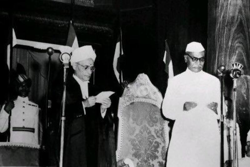 India’s new president Rajendra Prasad (right) and chief justice Patangali Shastri take their oaths of office in front of the Indian Parliament in New Delhi, on January 26, 1950.