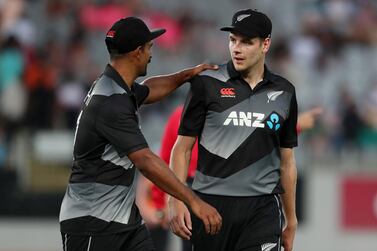 New Zealand’s Jacob Duffy, right, picked up four wickets on his T20 debut against pakistan in Auckland on Friday. AFP