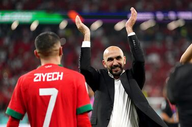 Morocco manager Walid Regragui applauds the fans at the end of the FIFA World Cup Round of Sixteen match at the Education City Stadium in Al-Rayyan, Qatar. Picture date: Tuesday December 6, 2022.