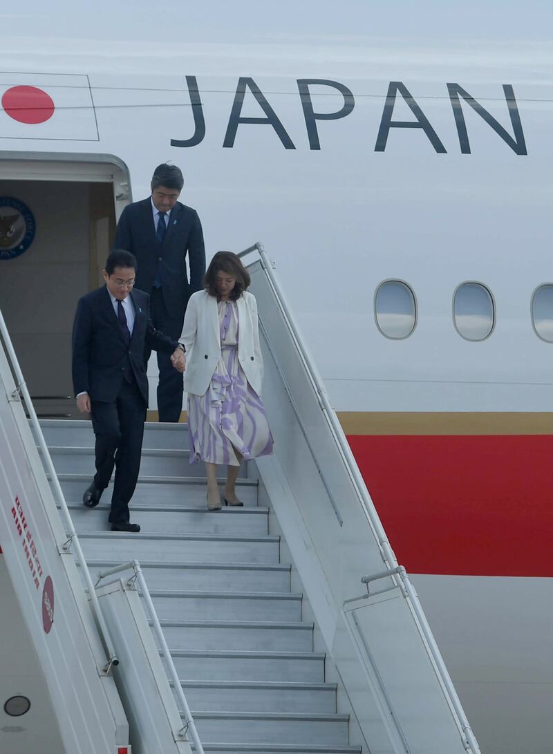 Japanese Prime Minister Fumio Kishida, accompanied by his wife Yuko Kishida, arrive in Delhi for the G20 summit. EPA