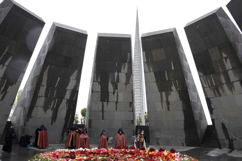 (FILES) In this file photo taken on April 24, 2020 Catholicos Garegin II, the head of the Armenian Apostolic Church, attends a ceremony commemorating the 105th anniversary of the massacre of 1.5 million of Armenians by Ottoman forces in 1915, at the Tsitsernakaberd memorial in Yerevan. US President Joe Biden is preparing to recognize the World War I-era killings of 1.5 million Armenians by the Ottoman Empire as genocide, US media said on April 21, 2021. / AFP / KAREN MINASYAN
