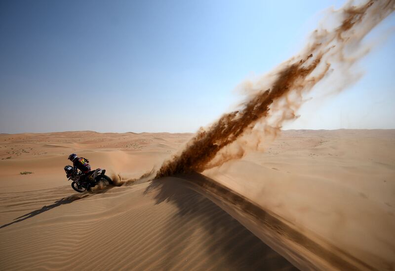 Bolivian biker Daniel Jager Nosiglia competes during Stage 10 of the 2023 Dakar Rally, between Haradh and Shaybah in Saudi Arabia. AFP