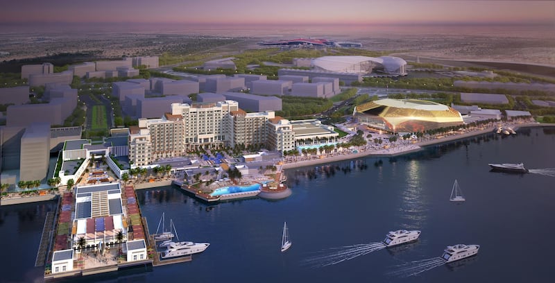 Yas Bay // ABU DHABI, UAE – 8 May 2017: Rendering of Miral’s AED12 billion master development plan to transform the southern end of Yas Island in Abu Dhabi. The development is comprised of three distinct areas: Yas Bay, a vibrant public waterfront and entertainment district; the Media Zone, featuring the new campus of twofour54; and the Residences at Yas Bay, an urban island community, offering the complete Yas Island lifestyle. Courtesy Miral  *** Local Caption ***  Yas Bay.jpg