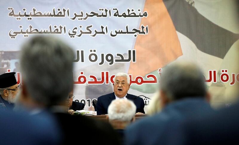 Palestinian President Mahmoud Abbas speaks during the meeting of the Central Council of the PLO in Ramallah. Reuters