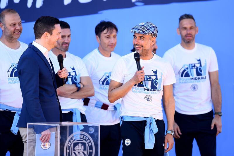 Pep Guardiola speaks as he is interviewed on stage. Getty Images
