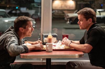 Christian Bale and Matt Damon in Twentieth Century Fox’s FORD V FERRARI. Merrick Morton / 20th Century Fox