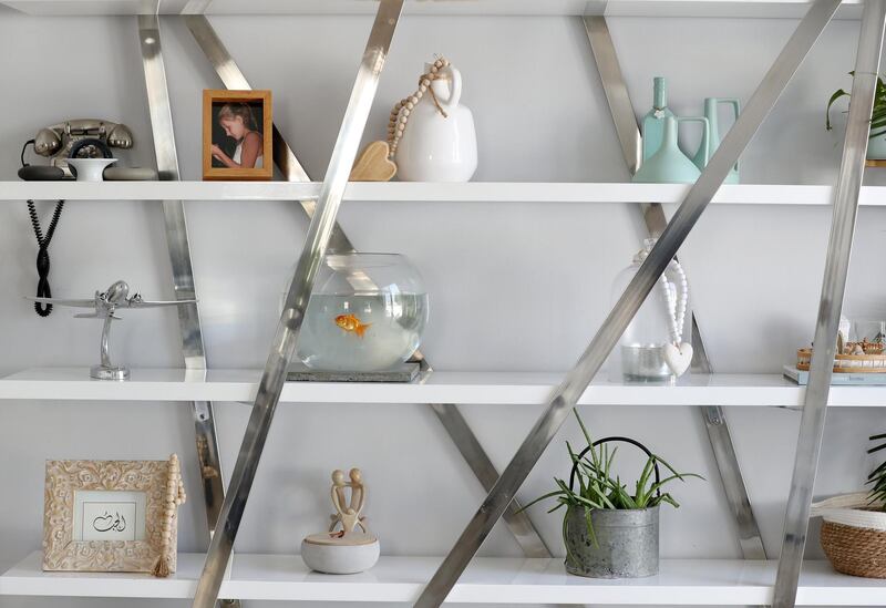 Dubai, United Arab Emirates - September 18, 2019: Ruth AbelaÕs shelves. How to create the perfect ÒshelfieÓ: Create your own Instagram-winning artful display with top tips from the interior experts. Wednesday the 18th of September 2019. Mira, Dubai. Chris Whiteoak / The National