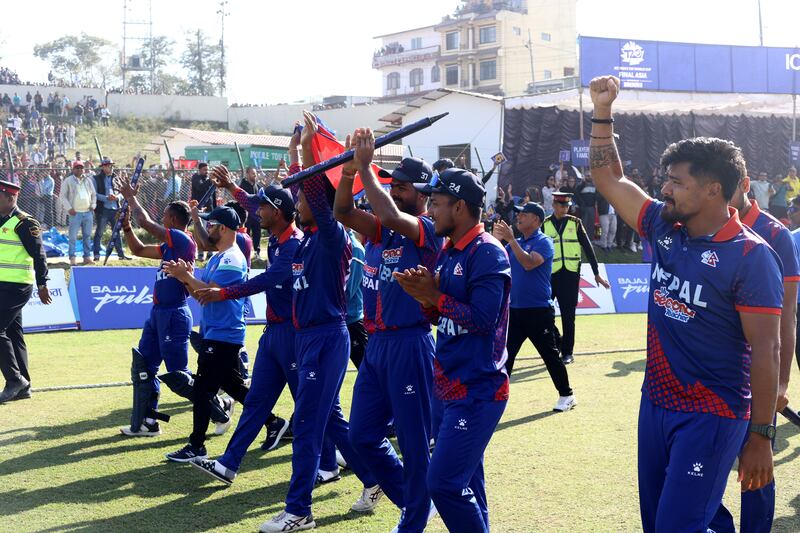 Nepal celebrate after beating UAE by eight wickets in their T20 World Cup qualifier semi-final at Mulpani Cricket Ground, Kathmandu, Nepal on Friday, November 3, 2023. Victory ensure Nepal's qualification for the T20 World Cup to be held in the US and West Indies in 2024. Photos: Subas Humagain for The National