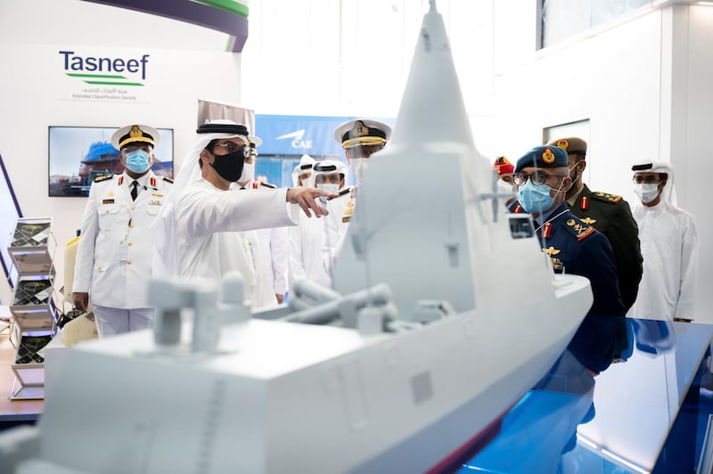 ABU DHABI, UNITED ARAB EMIRATES - February 21, 2021: HH Sheikh Hamed bin Zayed Al Nahyan, Member of Abu Dhabi Executive Council (2nd L) tours the International Defence Exhibition and Conference 2021 (IDEX), at ADNEC. Seen with HE Major General Essa Saif Al Mazrouei, Deputy Chief of Staff of the UAE Armed Forces (R).

( Rashed Al Mansoori / Ministry of Presidential Affairs )
---