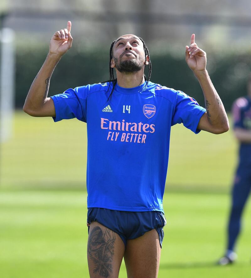 ST ALBANS, ENGLAND - MARCH 30: Pierre-Emerick Aubameyang of Arsenal during a training session at London Colney on March 30, 2021 in St Albans, England. (Photo by Stuart MacFarlane/Arsenal FC via Getty Images)