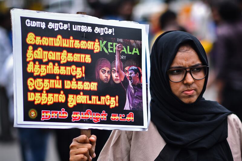 A protest in Chennai, India on Saturday against the screening of controversial film 'The Kerala Story'. EPA