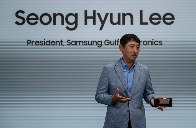 Seong Hyun Lee, president of Samsung Gulf Electronics, speaks at the launch of the Galaxy S22 series in Dubai Media City.