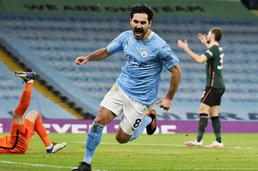 Soccer Football - Premier League - Manchester City v Tottenham Hotspur - Etihad Stadium, Manchester, Britain - February 13, 2021 Manchester City's Ilkay Gundogan celebrates scoring their second goal Pool via REUTERS/Rui Vieira EDITORIAL USE ONLY. No use with unauthorized audio, video, data, fixture lists, club/league logos or 'live' services. Online in-match use limited to 75 images, no video emulation. No use in betting, games or single club /league/player publications. Please contact your account representative for further details. TPX IMAGES OF THE DAY