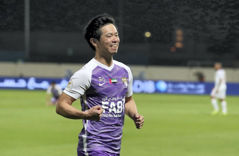 SHARJAH,  UNITED ARAB EMIRATES , April 17 – 2019 :- Tsukasa Shiotani ( no 33 ) of Al Ain celebrating after scoring the goal in the penalty kick during the football match between Sharjah vs Al Ain held at Khalid Bin Mohammed Stadium in Sharjah. ( Pawan Singh / The National ) For Sports. Story by John