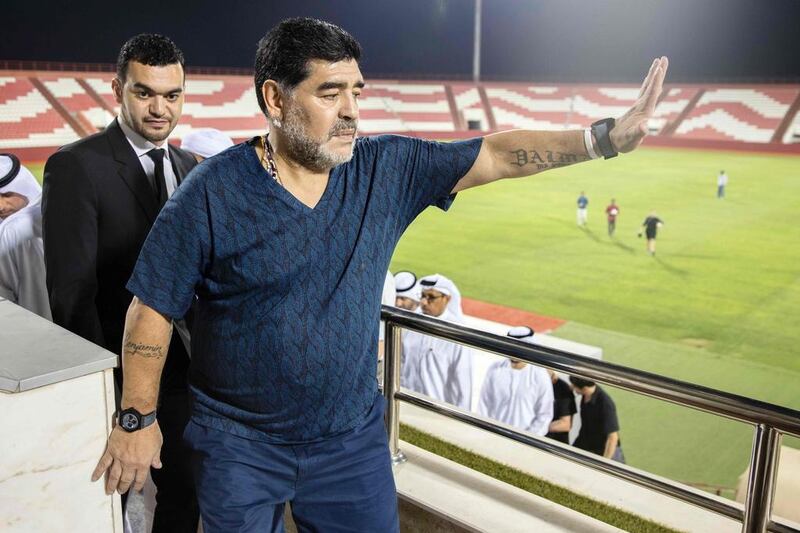 Diego Maradona at Fujairah Stadium the day after he was announced as the club's new manager. AFP