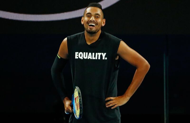 MELBOURNE, AUSTRALIA - JANUARY 13:  Nick Kyrgios of Australia looks on while wearing an Equality shirt during a practice session ahead of the 2018 Australian Open at Melbourne Park on January 13, 2018 in Melbourne, Australia.  (Photo by Scott Barbour/Getty Images)