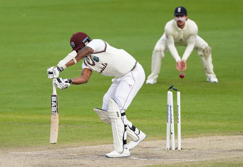 West Indies batsman Shannon Gabriel is bowled out by England's Chris Woakes. AP