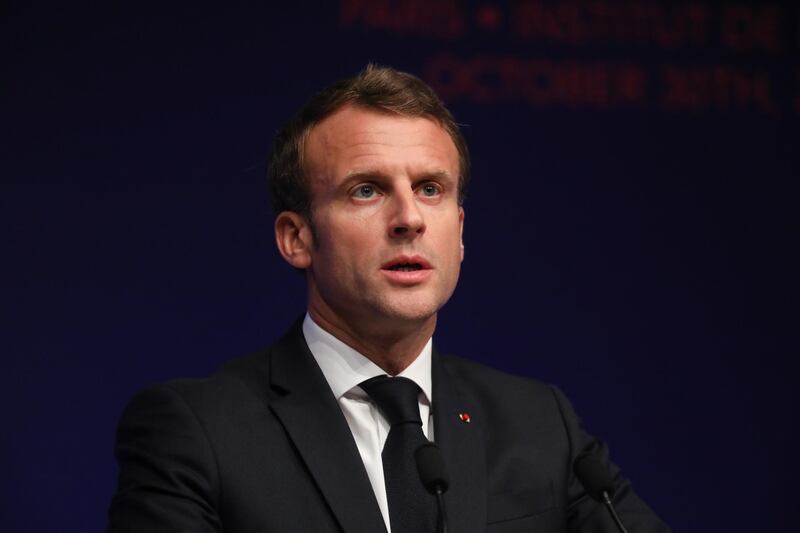 epa07960102 French President Emmanuel Macron delivers a speech during the Global Forum on Artificial Intelligence (AI) for Humanity (GFAIH) at the Institut de France in Paris, France, 30 October 2019.  EPA/LUDOVIC MARIN / POOL  MAXPPP OUT