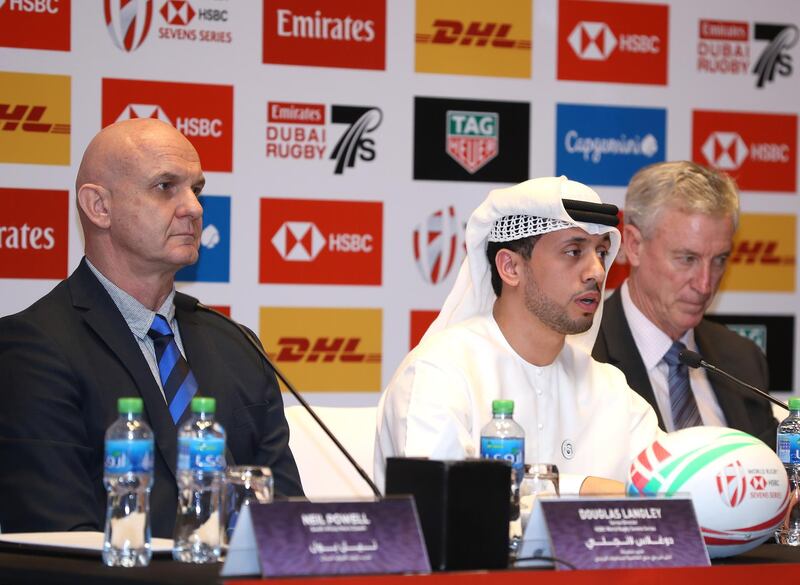 DUBAI, UNITED ARAB EMIRATES - NOVEMBER 28:  Douglas Langley, Series Director, HSBC Rugby Sevens Series, Qais Al Dhalai, Secretary General - UAE Rugby Federation, Chairman - Arab Rugby Federation speaks to media during the Emirates Dubai Rugby Sevens Press Conference on November 28, 2018 in Dubai, United Arab Emirates.  (Photo by Francois Nel/Getty Images)
