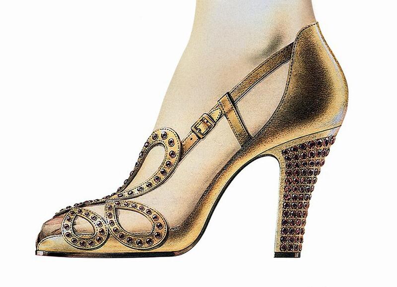 The Gold kidskin sandal was studded with rubies, and designed by Roger Vivier for the coronation of Elizabeth II in 1953. Courtesy of Roger Vivier