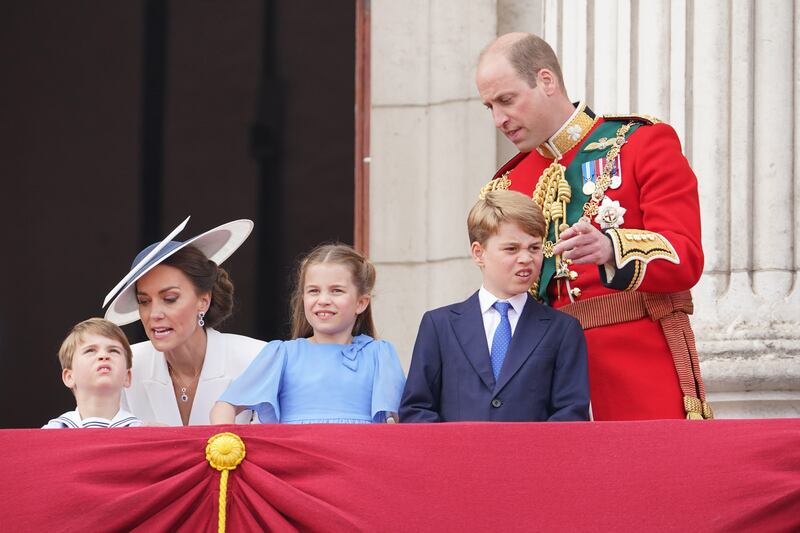 Catherine, Prince William and their children on the balcony at Buckingham Palace to watch the RAF flypast during the Trooping the Colour parade to mark Queen Elizabeth's Platinum Jubilee in June 2022